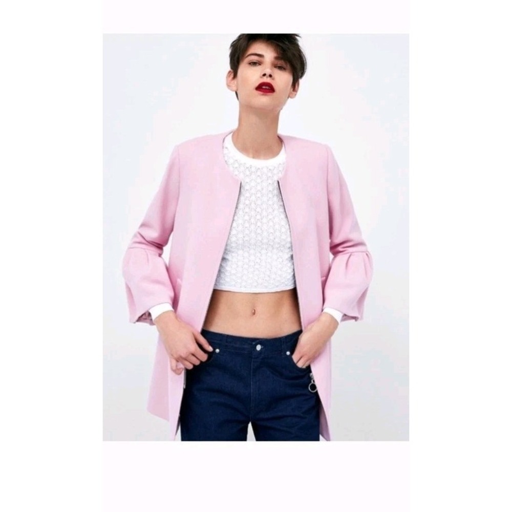 Zara Pink Ruffle Bell Sleeve Coat Lined Full Zip Sz XS Peacoat - Picture 2 of 13